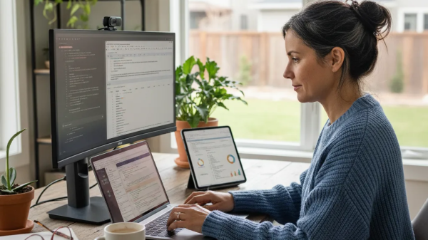 “Woman working at her desk with multiple screens while learning how to protect your creative work online and manage digital files safely.”