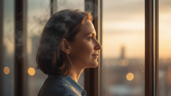 A woman in her forties gazing thoughtfully out a window at sunset, symbolizing midlife reflection and new beginnings.