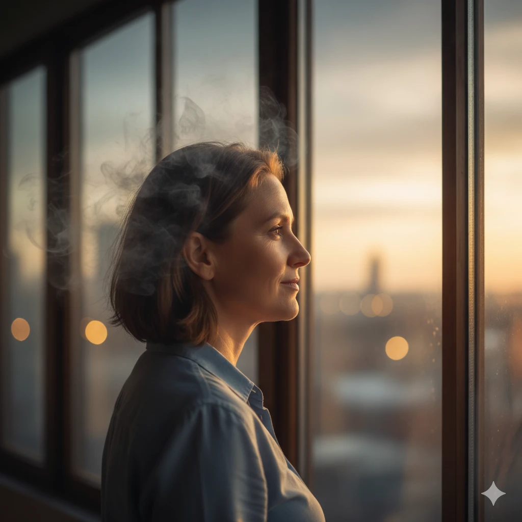 A woman in her forties gazing thoughtfully out a window at sunset, symbolizing midlife reflection and new beginnings.