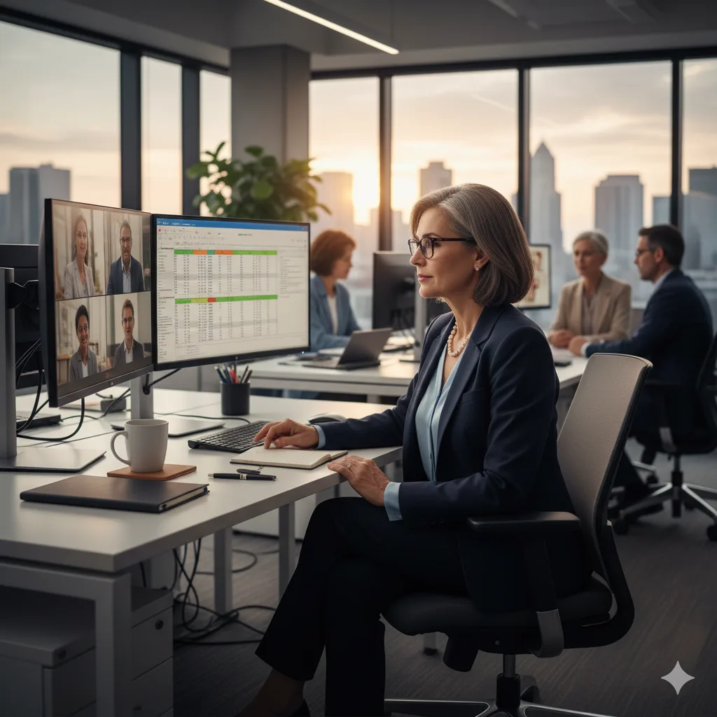 Professional woman in an office reviewing data and joining a virtual meeting on dual monitors during work