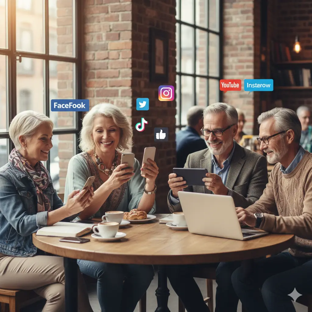 Group of older adults using phones and laptops at a café as an example of creative nostalgia reimagined through modern social media