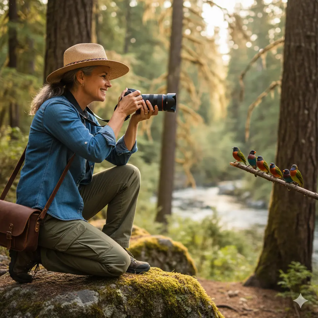 A midlife woman photographing colorful birds in a forest, smiling as she kneels on a mossy rock with a camera in hand.
