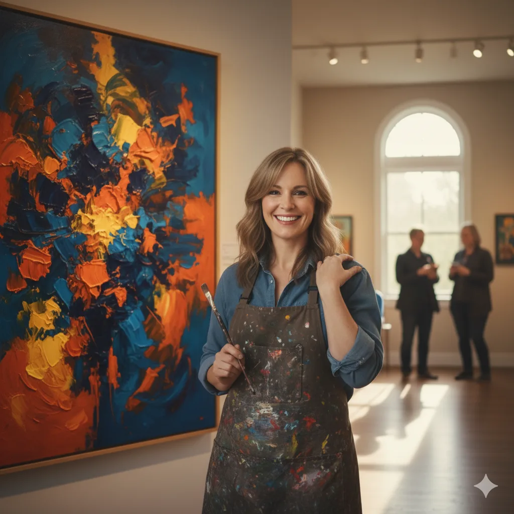 Midlife woman artist smiling in her studio beside a vibrant abstract painting after she quit her job to paint full-time.