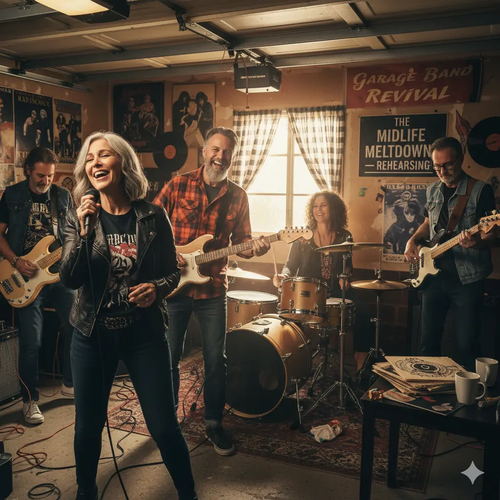 “Musicians embracing midlife reinvention as they rehearse together in a lively garage band setting.”