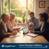 A smiling multigenerational family meets with a LegalShield advisor at home, discussing wills and estate plans to build future planning confidence.