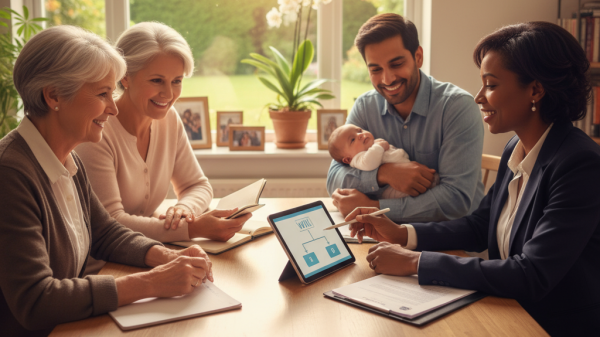 A smiling multigenerational family meets with a LegalShield advisor at home, discussing wills and estate plans to build future planning confidence.