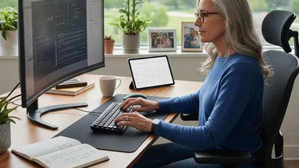 Woman working at a desk on a computer with code on the screen in a bright home office
