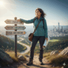 A woman stands at a crossroads on a mountain trail holding a map, beside a signpost pointing to past, present, and future paths, symbolizing a midlife reinvention journey.