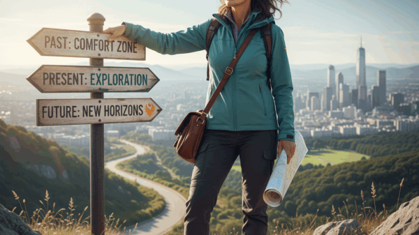 A woman stands at a crossroads on a mountain trail holding a map, beside a signpost pointing to past, present, and future paths, symbolizing a midlife reinvention journey.