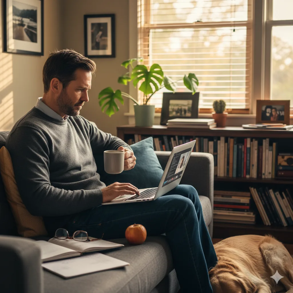 “Man working on a laptop at home, learning how to protect your creative work online while reviewing digital content.”