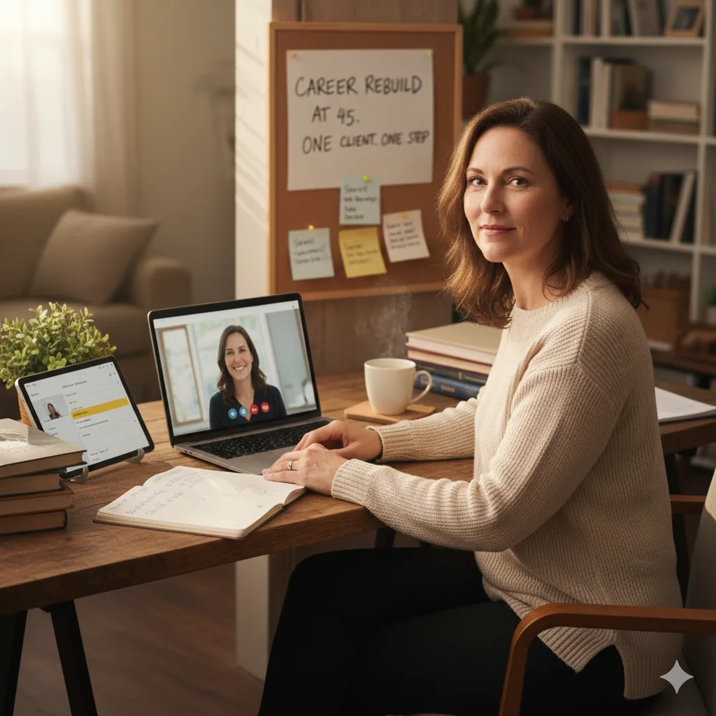 “Woman rebuilding her career at 45, working from home on a laptop during a video call, with a vision board that says ‘Career Rebuild at 45. One client. One step.’”