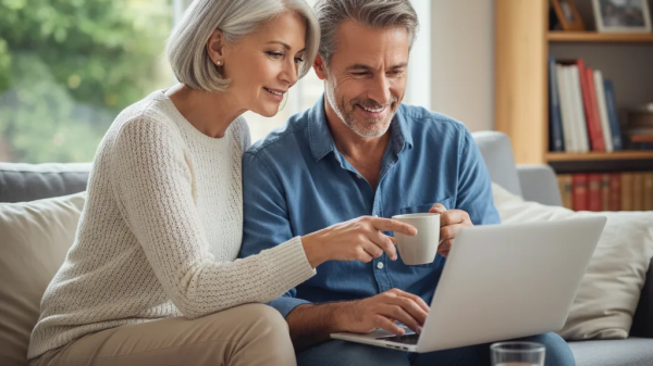 “Midlife couple researching quitting corporate to create a more creative and fulfilling lifestyle together at home.”