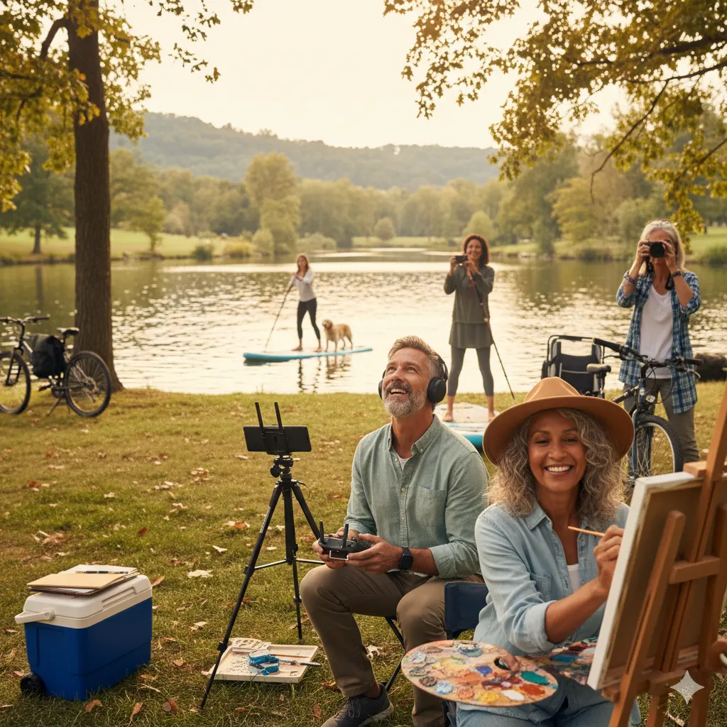 “Group of midlife creatives enjoying life after quitting corporate to create new hobbies and artistic experiences outdoors.”
