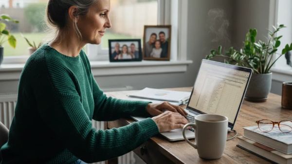 Woman working from home on a laptop while managing creative business tasks and building legal confidence