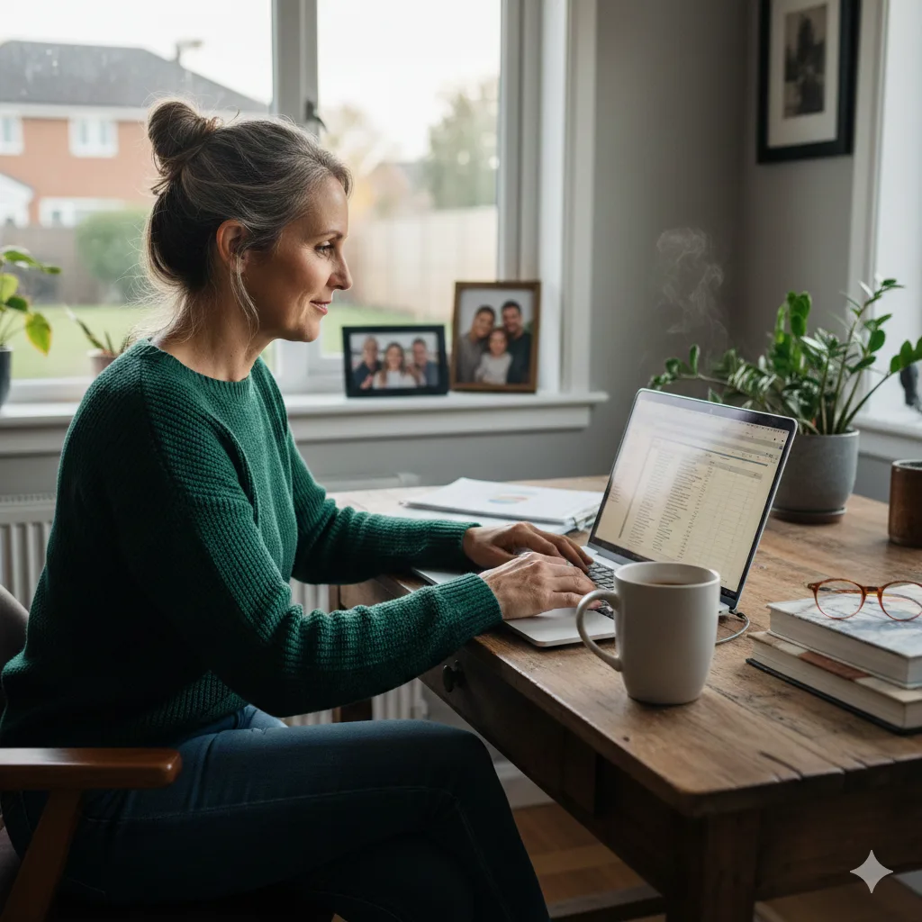 Woman working from home on a laptop while managing creative business tasks and building legal confidence