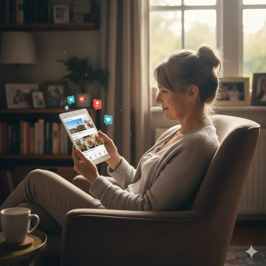 Woman using a tablet at home with social media icons floating around her, showing creative nostalgia reimagined in a modern digital space