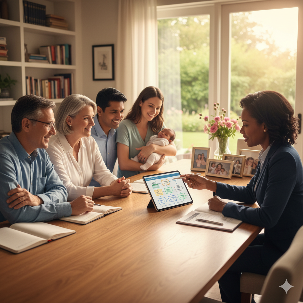 A family sits with a legal advisor reviewing a tablet showing estate plans, symbolizing LegalShield’s support for future planning confidence and peace of mind.