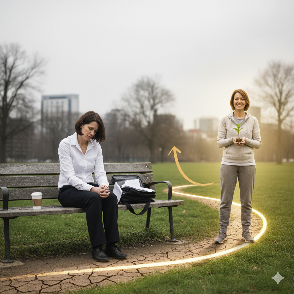 A woman sits tired on a park bench while another woman stands nearby holding a small plant, symbolizing renewal and the midlife reinvention journey.