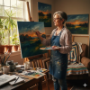Midlife woman painting a colorful landscape on a canvas in a cozy home art studio with natural light and plants around her. /