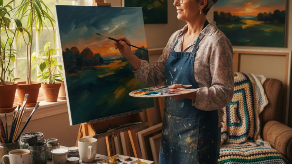 Midlife woman painting a colorful landscape on a canvas in a cozy home art studio with natural light and plants around her. /