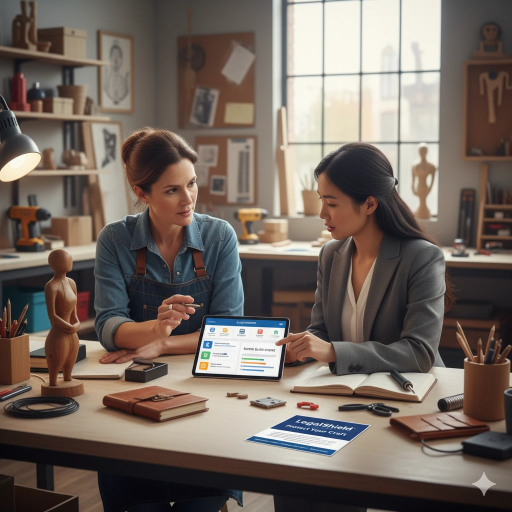Artist and consultant discussing legal tips every creative should know while reviewing contracts using LegalShield in a studio.