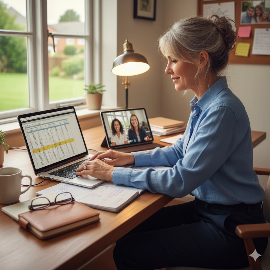 Freelancer working from a home office on spreadsheets and video calls, highlighting the need for legal backup.