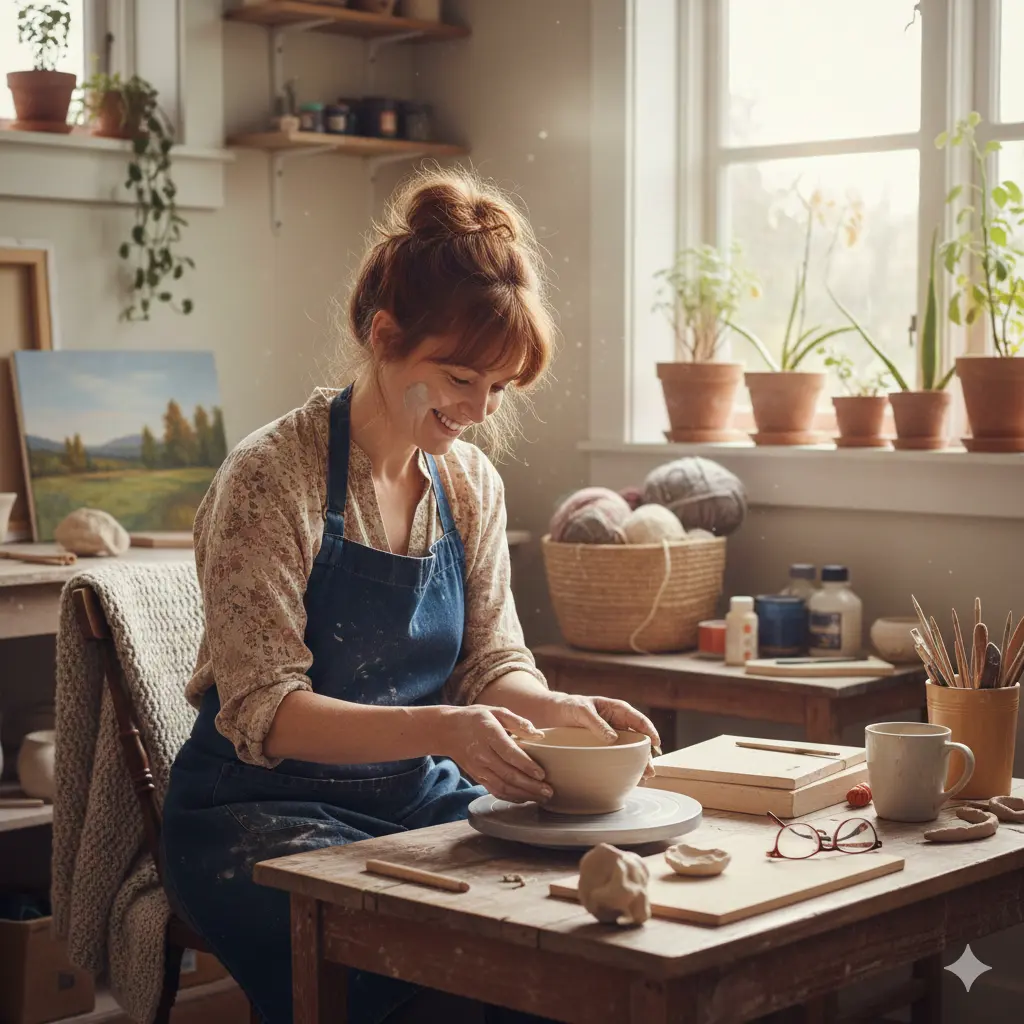 Woman shaping a clay bowl as part of her creative reinvention process after 40