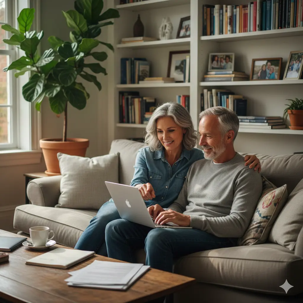 Mature couple using a laptop at home, exploring ideas related to the modern zine comeback