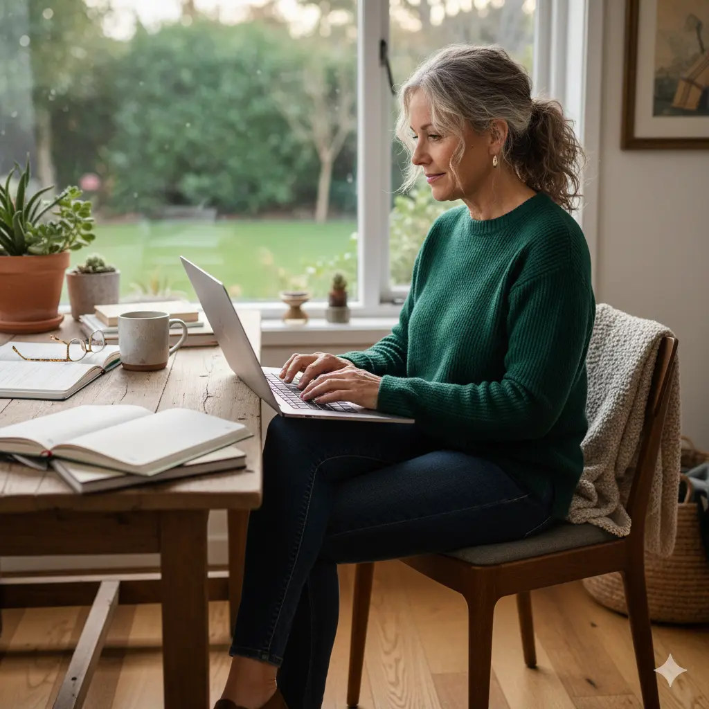 "Midlife woman working on a laptop at a cozy wooden desk near a bright window with plants and notebooks."