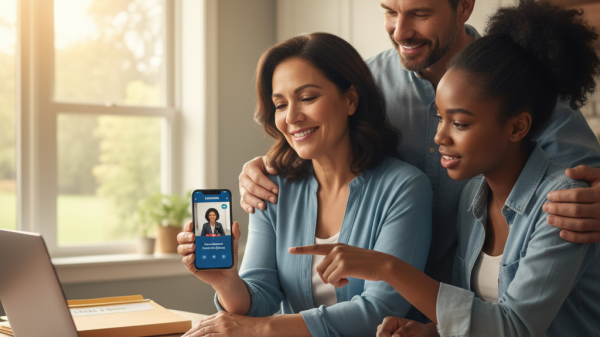 A smiling family uses the LegalShield app on a smartphone while sitting at a table with documents, representing legal peace of mind for everyday life.