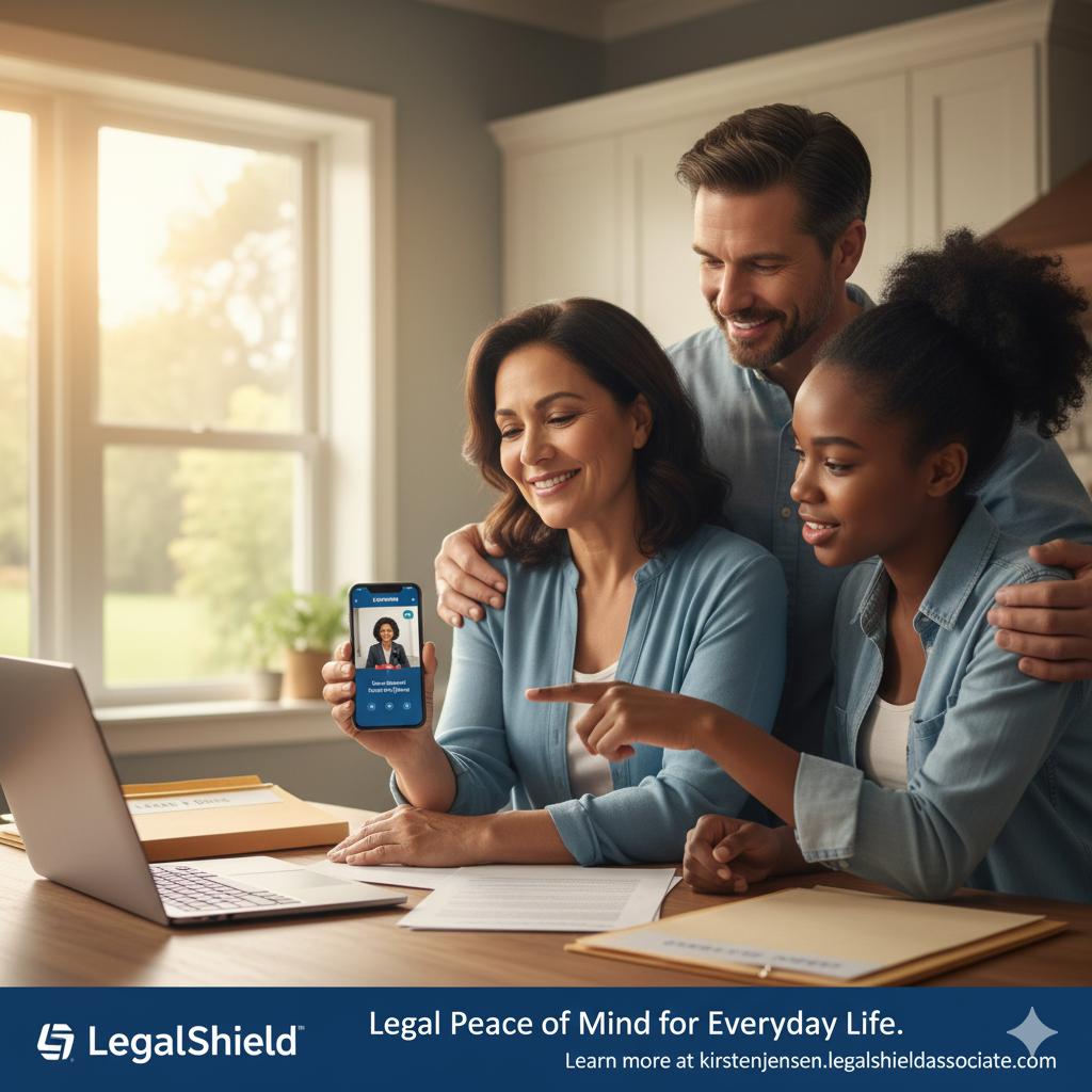A smiling family uses the LegalShield app on a smartphone while sitting at a table with documents, representing legal peace of mind for everyday life.