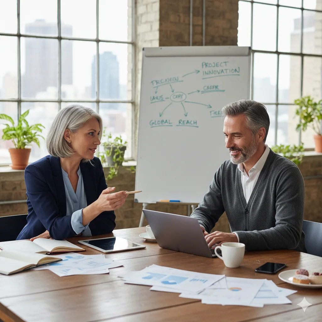 “Two midlife professionals collaborating in a modern office, discussing ideas with charts and a whiteboard in the background.”