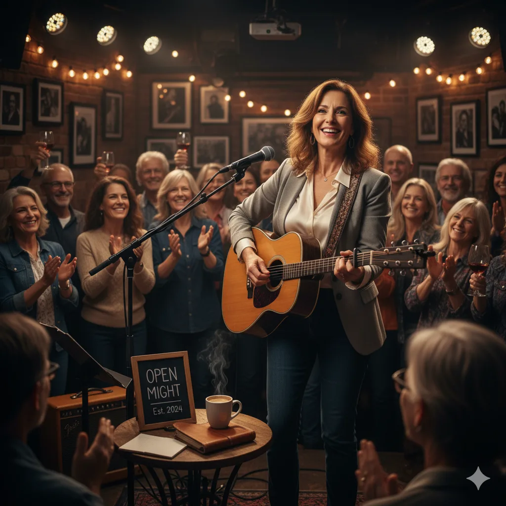 A smiling woman in her fifties playing guitar at an open mic night, surrounded by a cheering crowd, symbolizing creative reinvention and confidence in midlife.