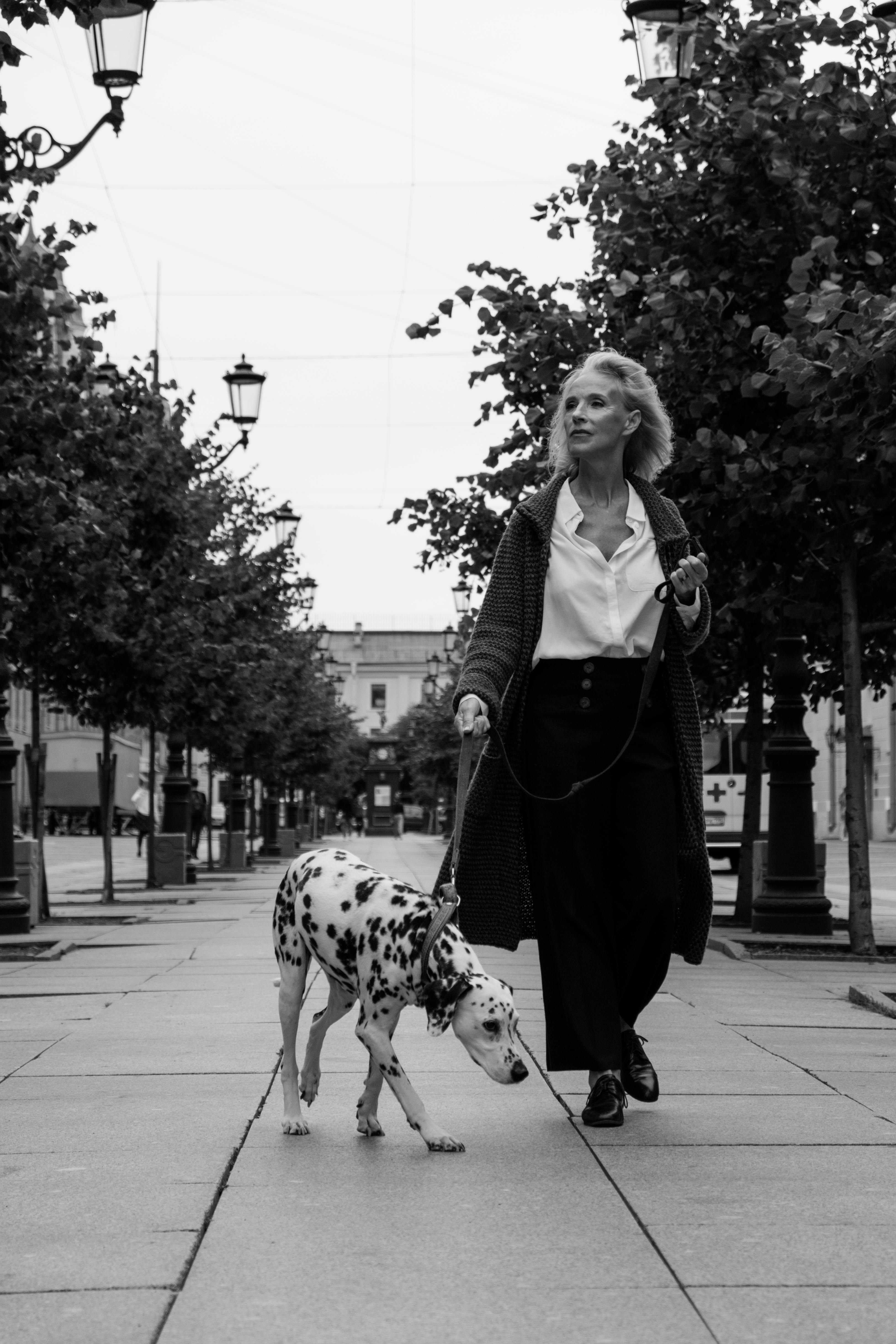 Confident older woman walking a Dalmatian dog on a city street in black and white photography.