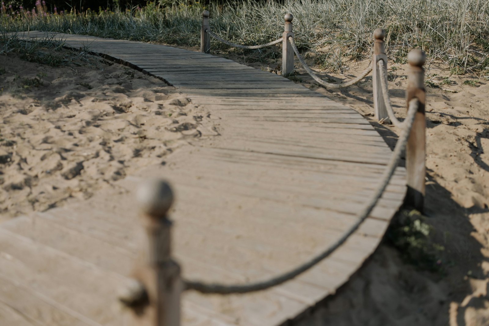 Curved wooden boardwalk path leading through sand and beach grass