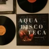 A wall decorated with vinyl records and an album cover titled “Aqua Discoteca Forever Young.”