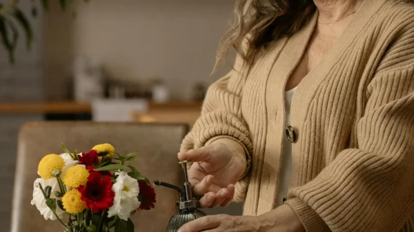 Older woman watering a small bouquet of flowers while wearing a neutral-toned cardigan, representing a calm, minimalist lifestyle.