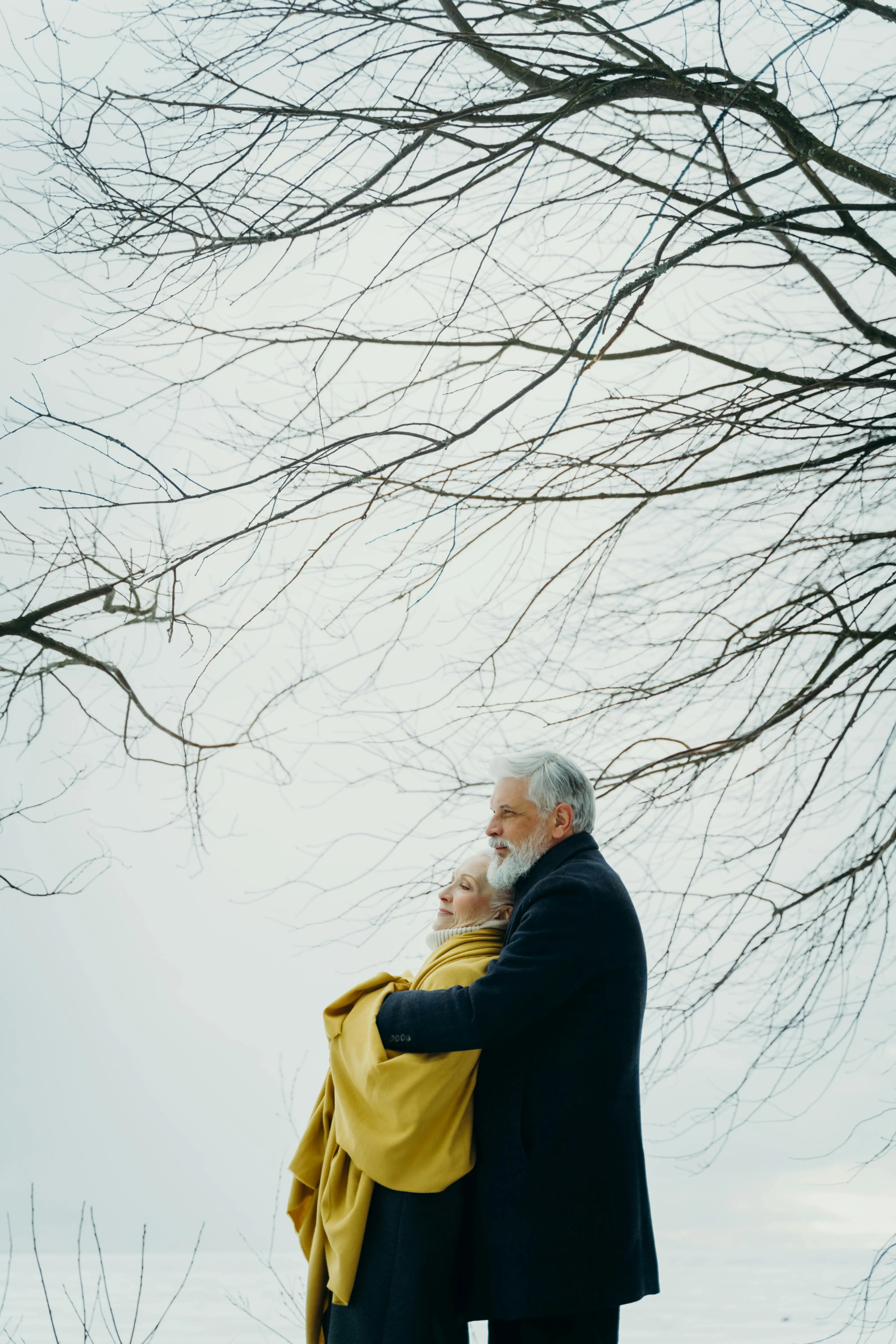 Older couple embracing outdoors under winter trees