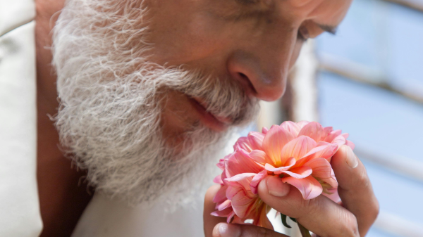 Older man with white beard gently smelling a pink flower, reflecting on love and second chances later in life
