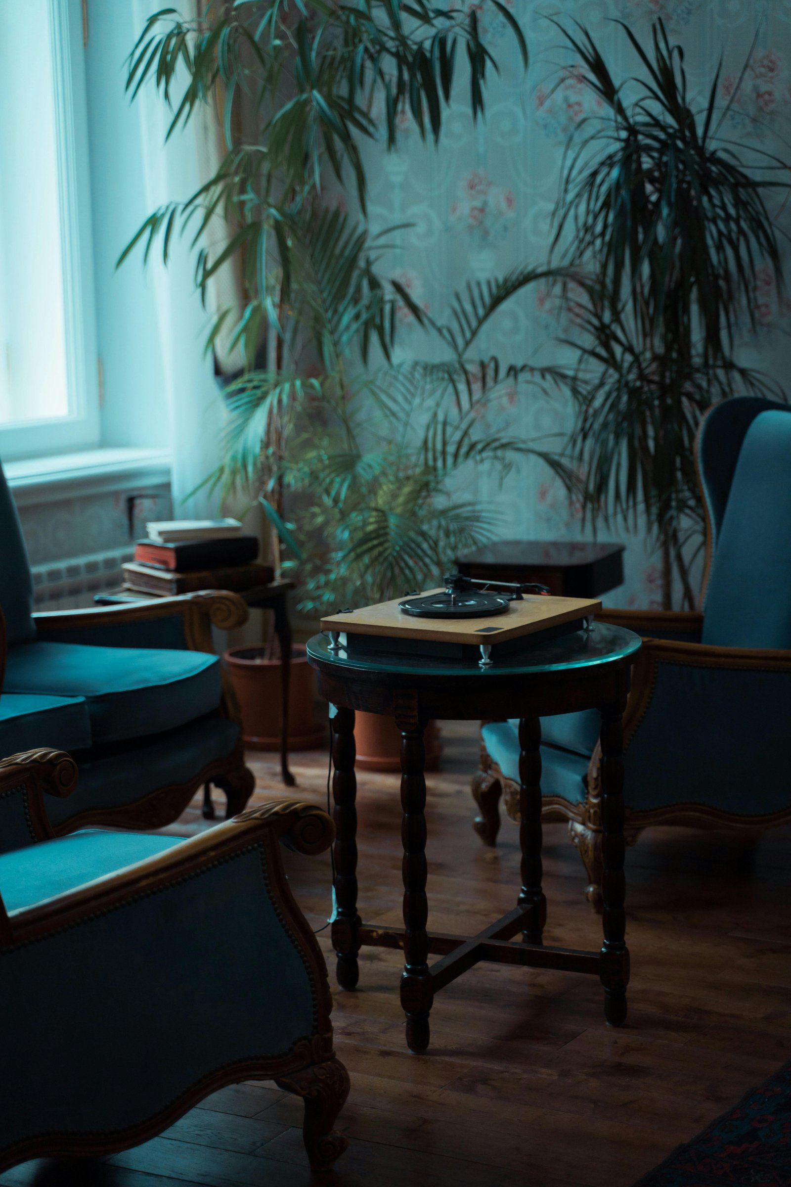 Calm living room with vintage chairs, houseplants, and a record player creating a quiet, reflective atmosphere