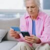Older woman sitting on a couch holding a credit card and smartphone, focused on managing finances or making an online payment