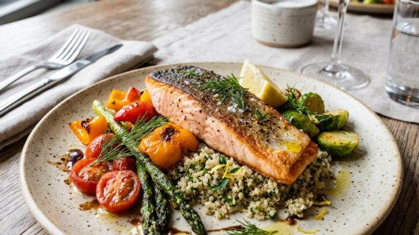 Grilled salmon fillet served with couscous, roasted cherry tomatoes, bell peppers, asparagus, and Brussels sprouts with lemon wedge and dill garnish