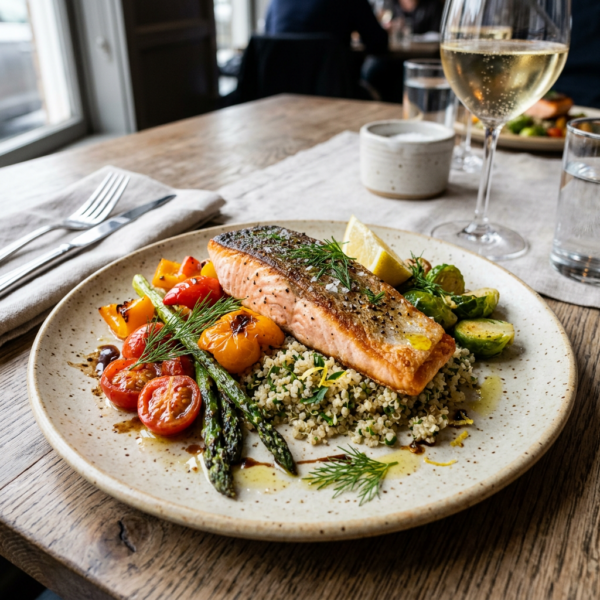 Grilled salmon fillet served with couscous, roasted cherry tomatoes, bell peppers, asparagus, and Brussels sprouts with lemon wedge and dill garnish
